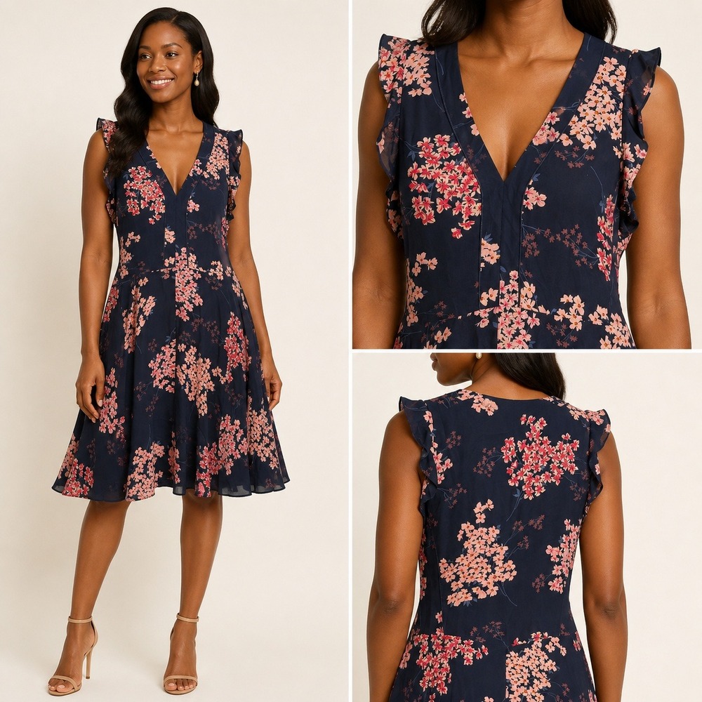 Rebecca Taylor Silk Floral Fit Flare Dress 8 Navy Pink Ruffle V-Neck